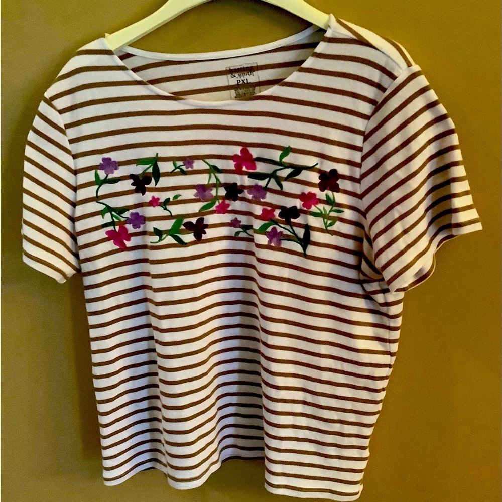 Hasting & Smith short sleeved top Petite XL white background with brown stripes